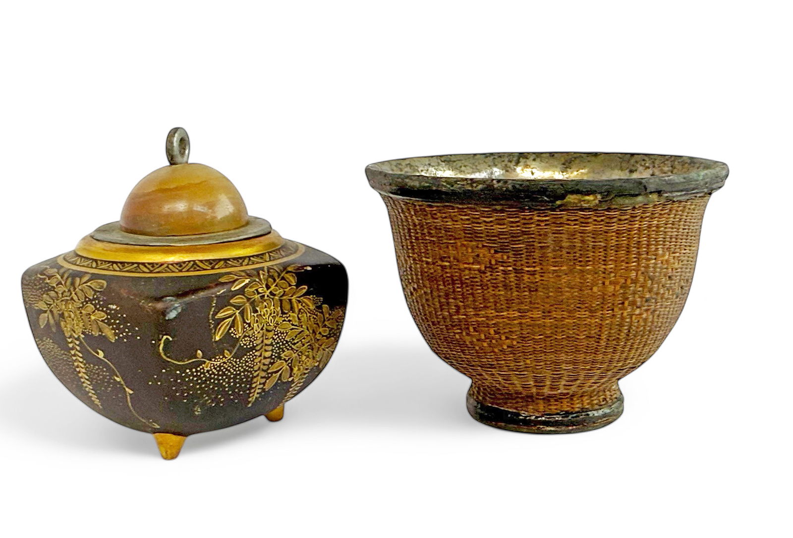 Lot: Japanese Satsuma Tiny Urn & Woven Chinese Cup: The urn or covered box is signed on its underside, and has an onyx and metal lid. It measures 2 1/4" tall, 1 3/4" wide, and 1 3/4" deep. It has a bit of wear, but is in good overall condition. The cup
