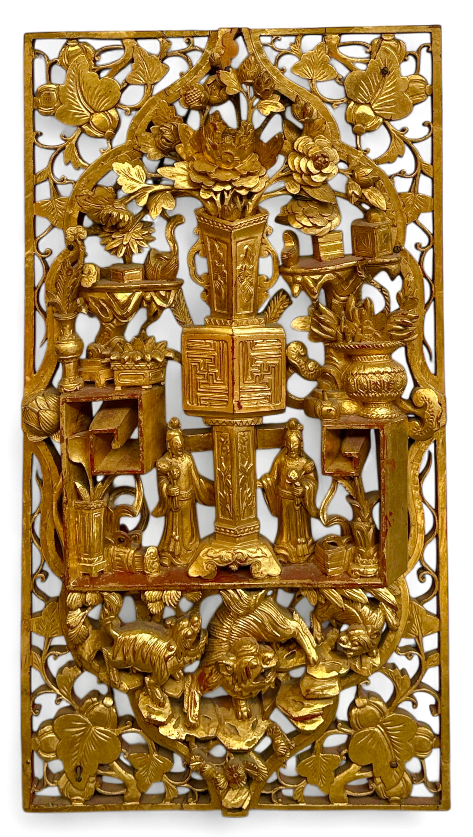 Carved & Gilded Chinese Wood Plaque.: The plaque has some cracks and a missing decoration at the top. Otherwise, it is in good overall condition. The plaque measures 31" x 16 3/8". In-house shipping is available. Please see our website re