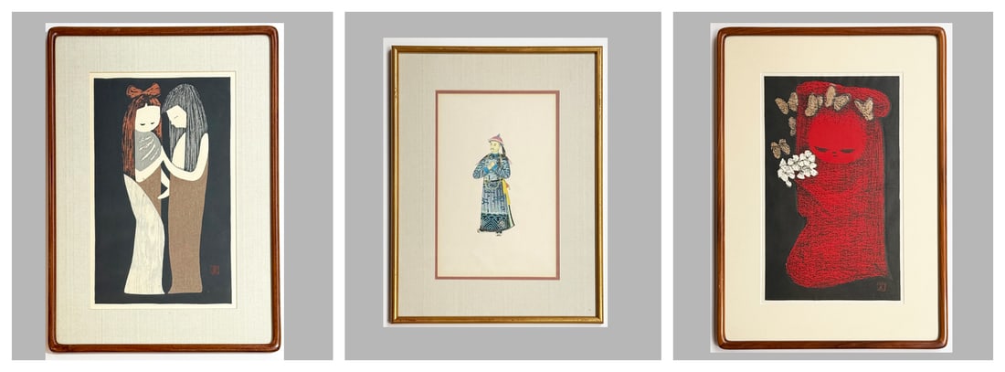 Pair of Kaoru Kawano Woodblock Prints & Watercolor: The watercolor and tempera is Chinese, and on rice paper. It is unsigned. The viewable image size of the mat is 11" x 7". The frame measures 16 3/8" x 12 5/8". The frame has a little wear to the gildi
