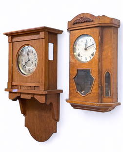 Lot of 2 Antique Wall Clocks, Germania.: The lot contains 2 antique keywind clocks. The first has a flat top, and through the left window it reads "Germania" on the movement. The next clock has pearl trim and an Japanese trademark on the fac