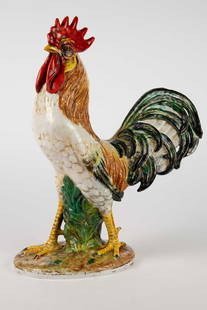 Lg. Italian Hand Painted Ceramic Rooster Sculpture: It is artist signed, though the signature is difficult to make out. The tail has been repaired. The dimensions of the piece are 15" x 7" x 19 1/2". In-house shipping is available. Please see our websi
