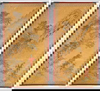 Pair of Old Japanese Watercolors on Paper, As Is.: One of the watercolors has punctures at the top of the paper. Both watercolors have scratches and abrasions to the paper. The paper size on each of them measures 42 1/4" x 20 1/8". The frame sizes on