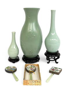 Lot of Chinese Vases & Jade & Porcelain Mirrors.: The lot includes 3 hand mirrors with jade handles and painted porcelain backs. The largest mirror measures 5 3/4" long, with the mirror portion measuring 2" wide. The butterfly celadon vase measure 11