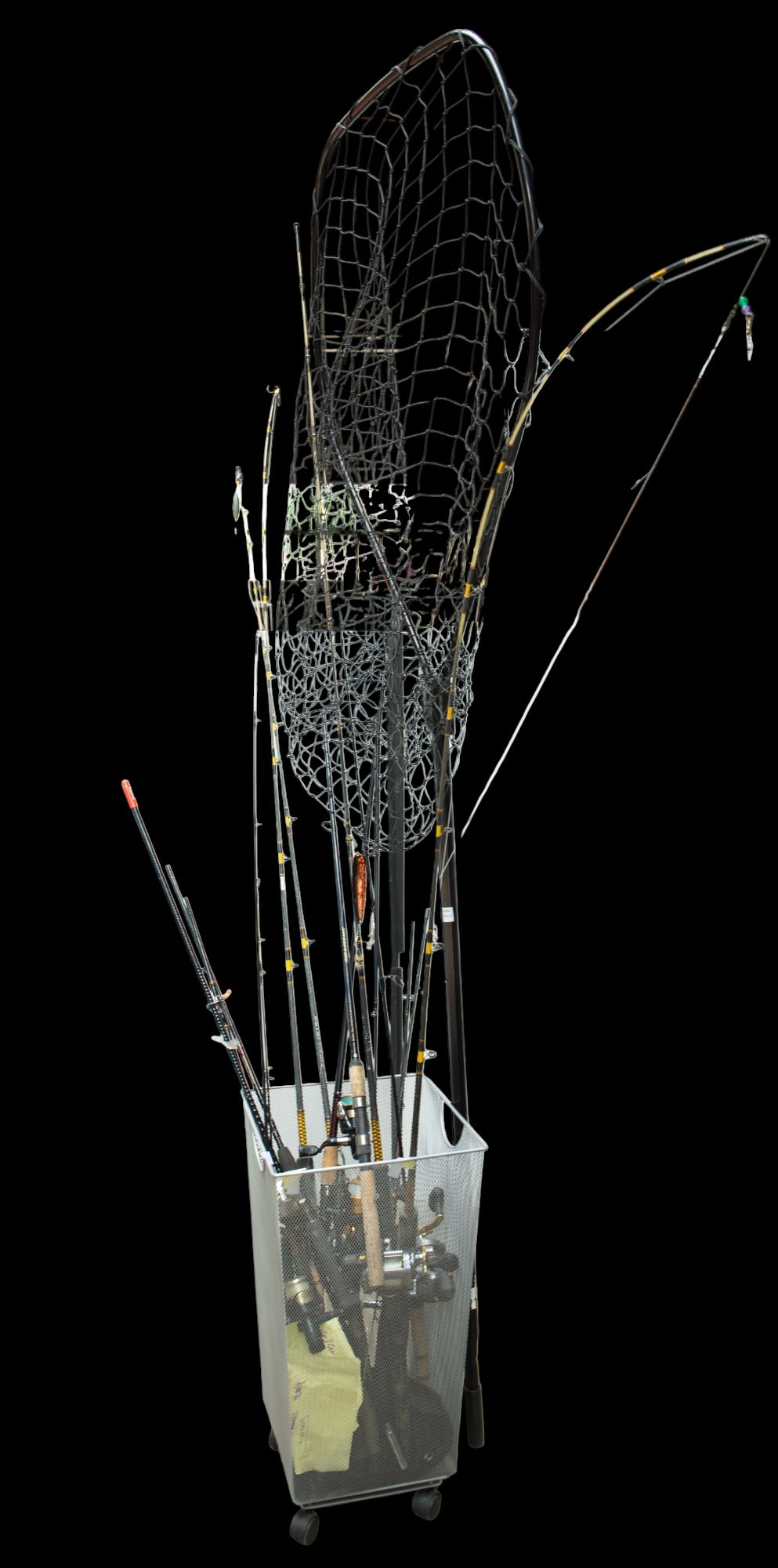 Lot of Fishing Rods & 1 Net - Penn, Shakespeare: The lot includes at least 10 fishing rods, mostly with reels, and 1 large net. Some of the brands or models observed on the rods are Abu Garcia Abumatic, Firestick II, Penn Spin Fisher V, Sweepfire 20