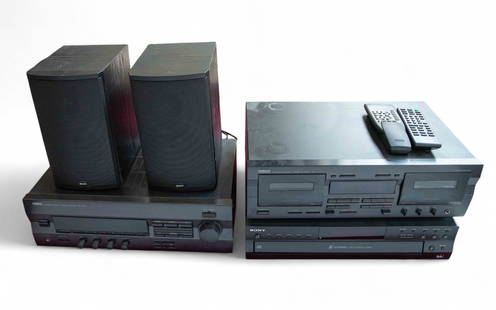 Lot: Sony, Yamaha, & Boston Audio Equipment.: They are all untested. The lot includes a Sony 5 CD changer, a Yamaha KX-W421 cassette player, and a Yamaha RX-496 receiver. The pair of speakers are Boston CR6 tabletop or bookshelf speakers. Also in
