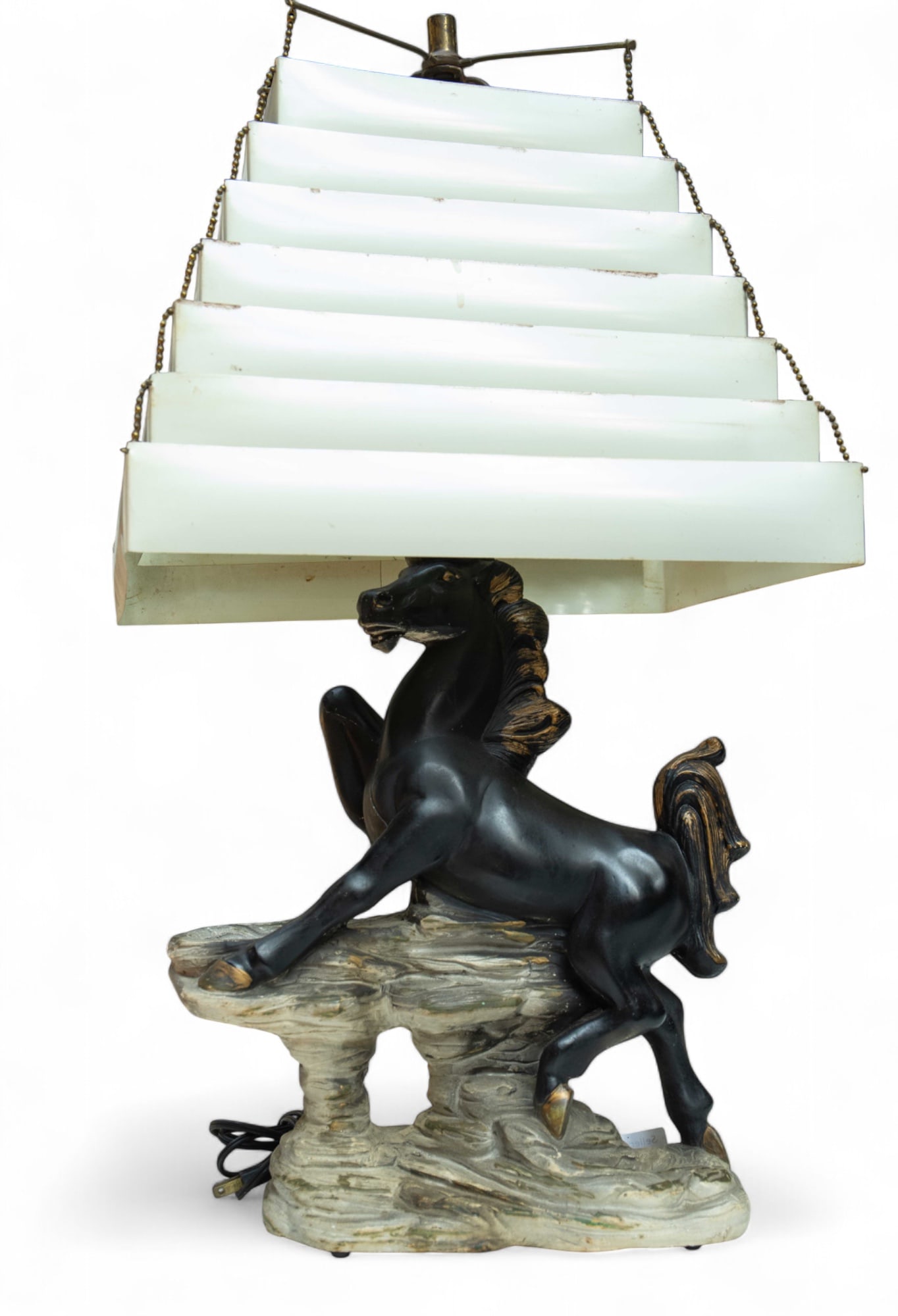 Mid Century Stallion Lamp w/ Tiered Shade.: It is made by the Columbia Lamp Co., dated 1958. The horse has some small scratches and areas with paint loss, and the Venetian blind shades could use a cleaning. The lamp measures 26 3/4" tall; the s