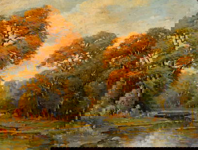 Autumnal Landscape Painting, Ernest Fredericks.: Artist(s): Ernest T. Fredericks (American, 1877-1959) Medium: Oil on canvas. Signature(s): Lower right. Paperwork: N/A Condition: Craquelure, visible stretcher lines, and general surface grime. A few