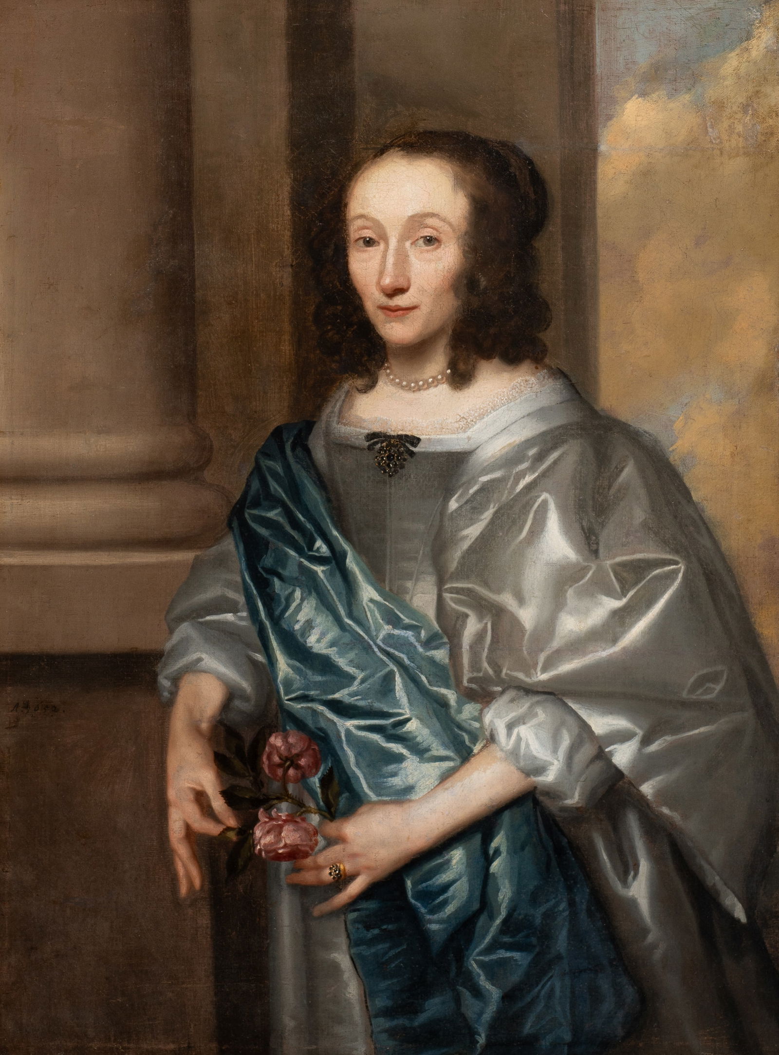Portrait of a Noble Lady, Circle of Hanneman.: Artist(s): Circle of Adriaen Hanneman (Dutch, c. 1601-1671). Medium: Oil on canvas painting. Signature(s): Monogrammed and dated middle left. Paperwork: N/A Condition: The work has been trimmed and re