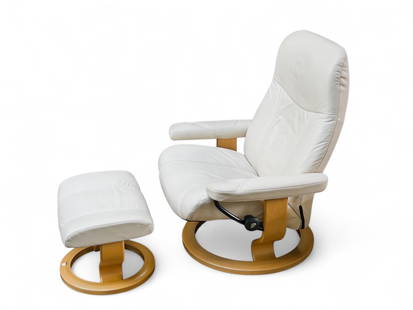 Ekornes Stressless Lounge Chair & Ottoman.: Both of these Norwegian pieces have platform style bases made of teak. There are in good condition, and functional. The chair measures 33 1/2" wide, 27" deep, and 39" tall. The ottoman measures 21" wi