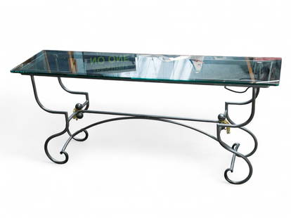 Glass Top Wrought Iron Hall or Console Table.: The glass top is half an inch thick, and the base is made of iron, with a scroll design. It is in good overall condition with minor wear. The table measures 70" wide, 19" deep, and 29 1/2" tall. Third