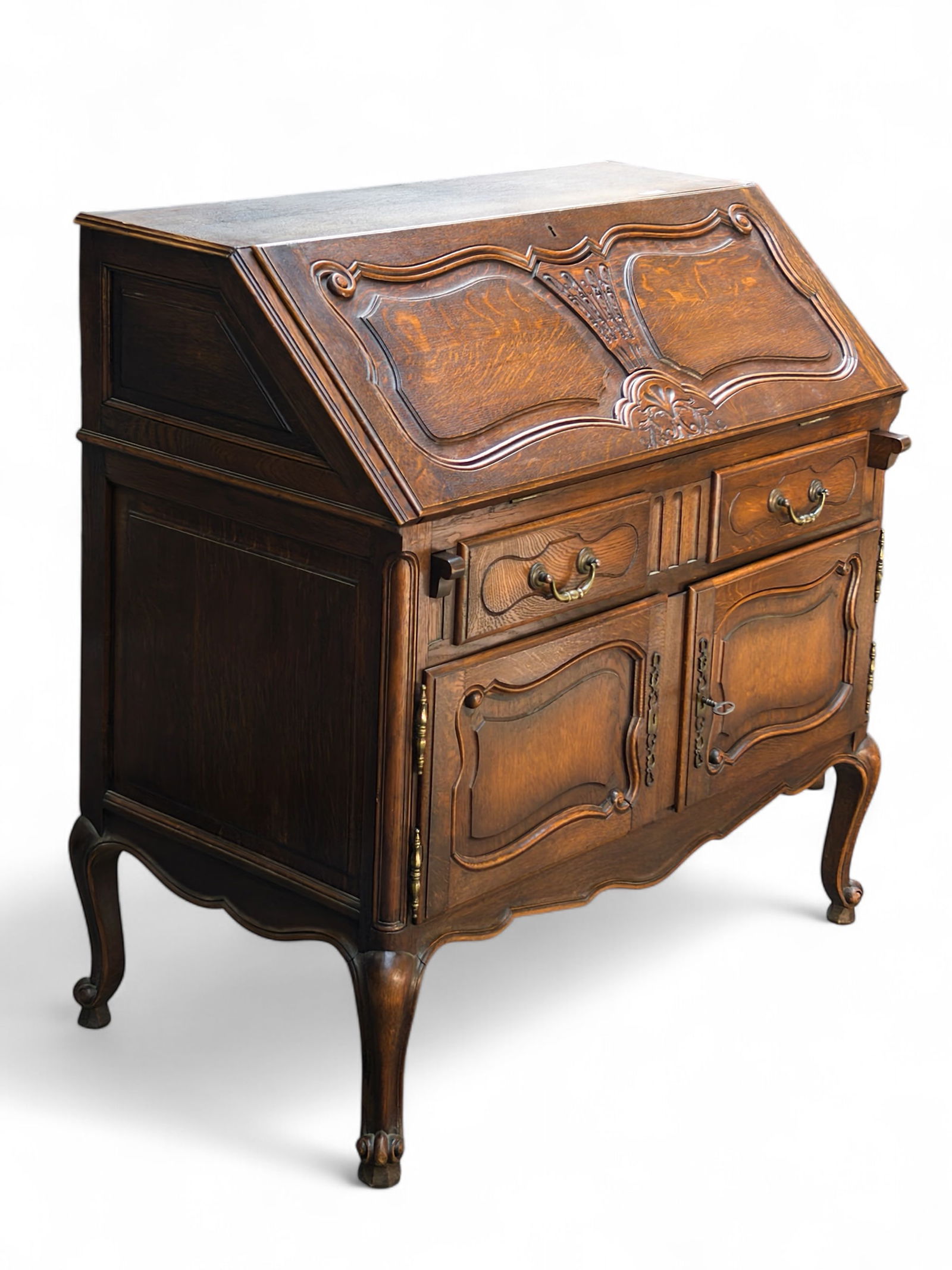 Carved Oak Dropfront Desk. (1 of 14)