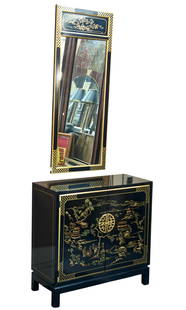 Drexel Chinoiserie Cabinet & Mirror Set.: The two door cabinet and matching mirror feature black lacquer, gilded border decorations, and hand painted Asian scenes. The scene at the top of the mirror is signed E Kaylor. The cabinet is marked E