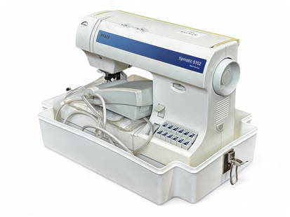 Pfaff Tipmatic 6152 Sewing Machine, Jeans & Satin.: The German made sewing machine is meant for use on jean and satin fabrics. It comes with the original user manual and carrying case which measures 14 1/2" x 18 1/4" x 12 1/4". It is untested. There ma