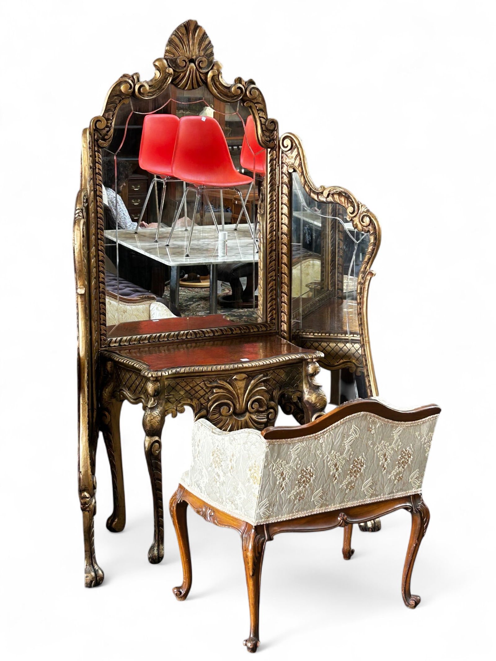 Carved Antique Vanity w/ Tri-fold Mirror & Bench. (1 of 20)