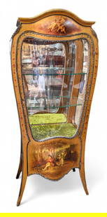 Verne Martin French Painted Bombe Vitrine: This display, curio cabinet or vitrine has multiple painted scenes, a mirrored back, two removable glass shelves, a storage area, and bronze (possibly brass) trim. The door locks, and a key is include