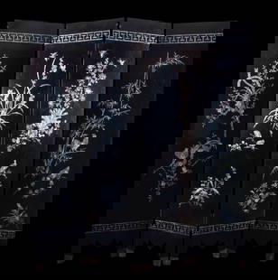 Mother of Pearl Inlay Asian Dressing Screen.: The black lacquer screen or room divider features intricate mother of pearl or abalone inlay depicting nature scenes, including bamboo, plants, flowers, birds, and butterflies. The piece also has bras