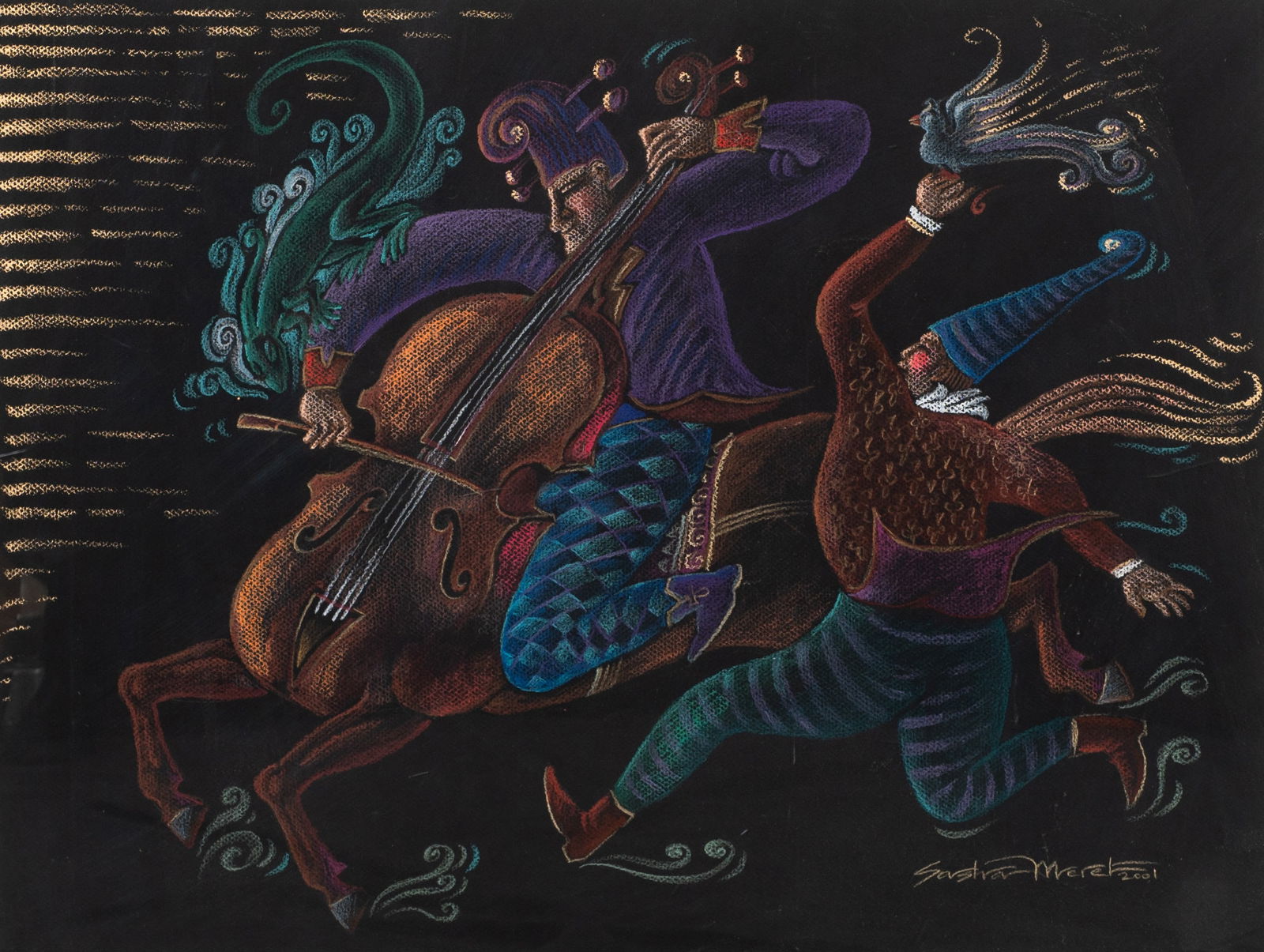 Abstract Jester Pastel, Sasha Meret.: Artist(s): Sasha Meret (20th/21st Century). Medium: Pastel on paper. Signature(s): "Sasha Meret, 2001", lower right. Paperwork: N/A Condition: Chips to the frame, and scratches to the plexiglass. The