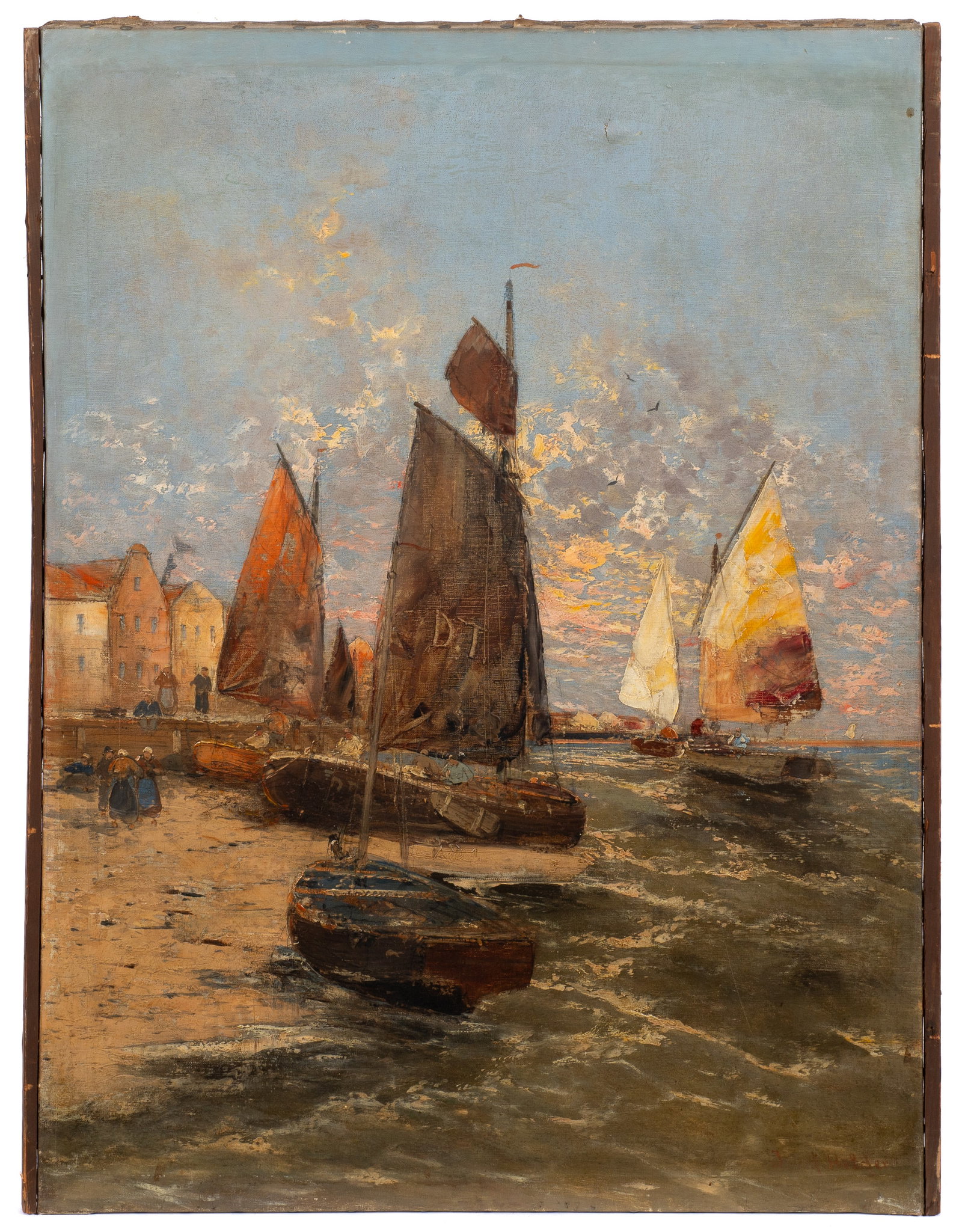 Antique Dutch Harbor Painting, Johannes Helder.: Artist(s): Johannes Helder (Dutch, 1842-1913) Medium: Oil on canvas. Signature(s): "Joh. Helder", lower right. Paperwork: N/A Condition: Missing the top and bottom of the frame. The work has been reli