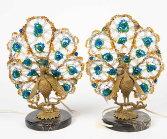 Pair of Art Deco Czech Glass Bronze Peacock Lamps.