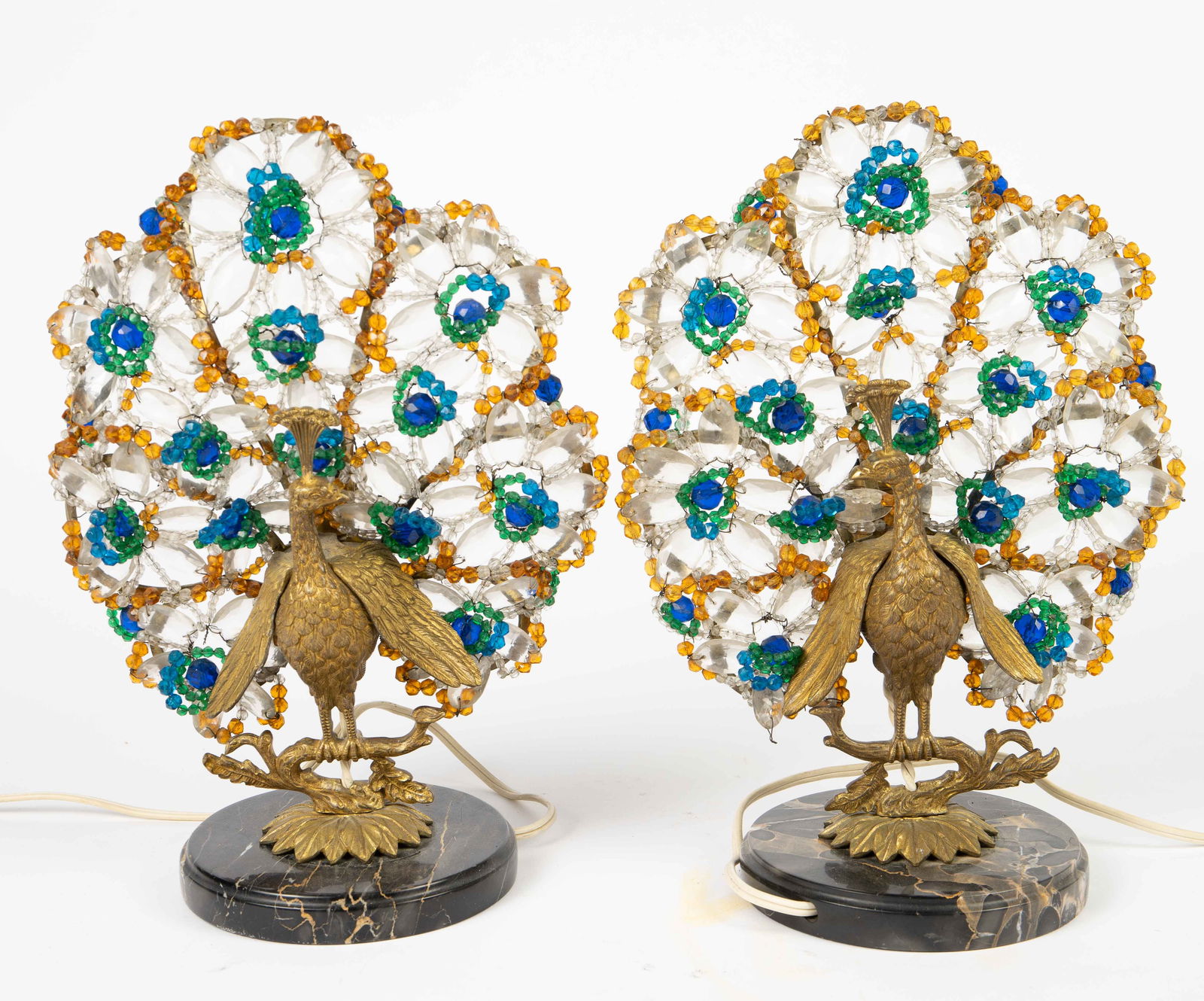 Pair of Art Deco Czech Glass Bronze Peacock Lamps.