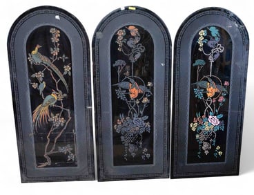 Set of 3 Acid Etched Panels of Birds & Flowers.