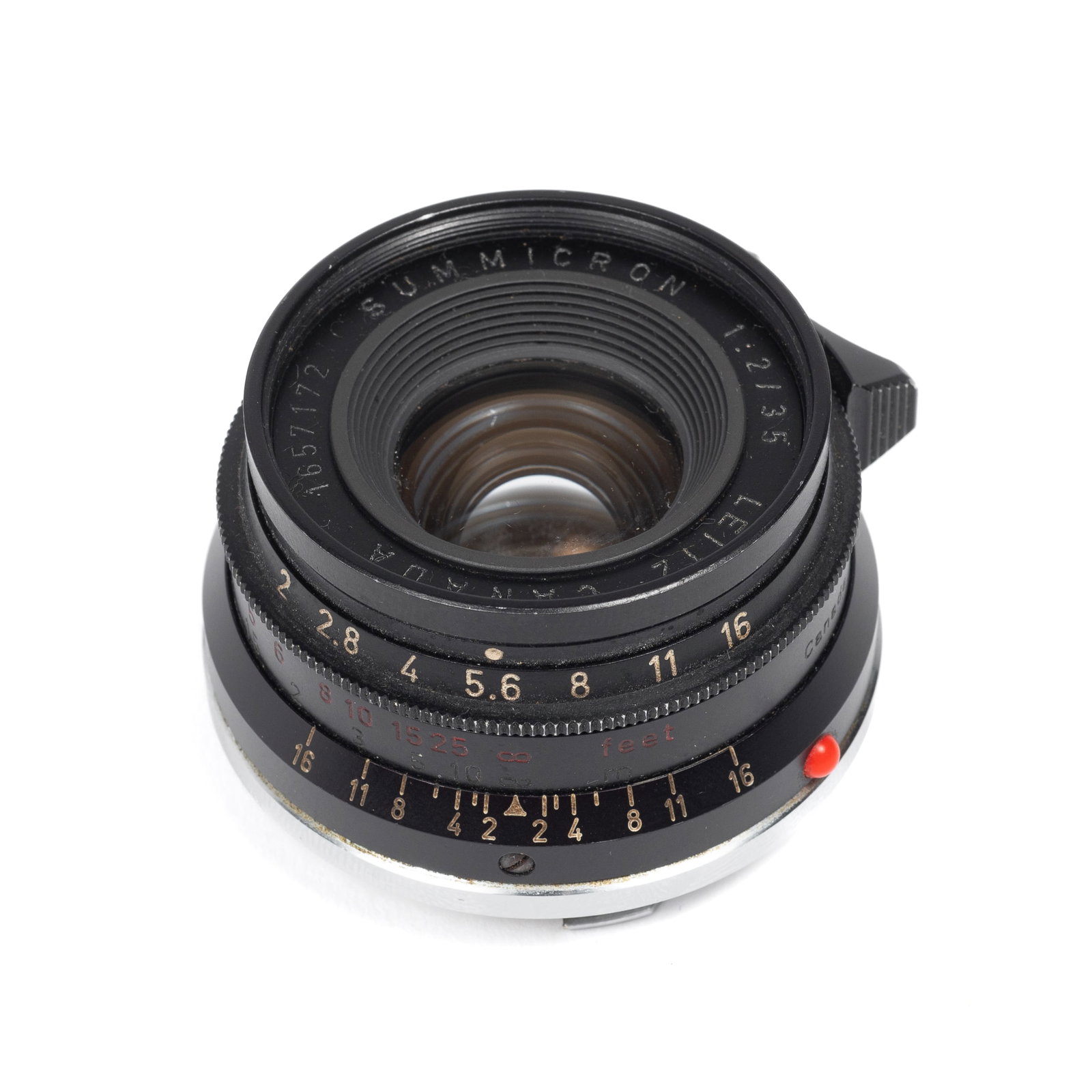 Leica Summicron Lens 35mm f2 V1 Black w/ Red Scale: The serial number on this rare, legendary 8-element Leitz Canada M lens is 1657172, which dates it to 1959. The distance scale is red. The lens has smooth focus and a working aperture. There is somewh