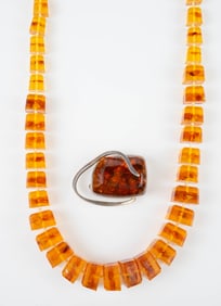 Amber Necklace & Natural Sterling & Amber Brooch.