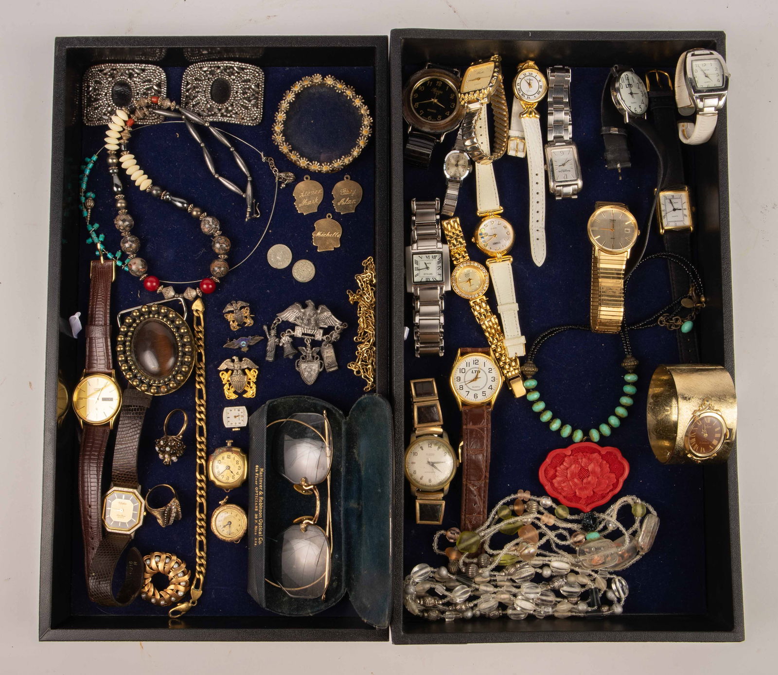Lot of Vintage & Modern Watches, Jewelry, & More.: The lot contains 45 items. The vintage items include a pair of bifocal glasses by Hantover & Robinson, a few gold filled pendants, a couple of sterling silver patriotic pins, including a Canadian Air