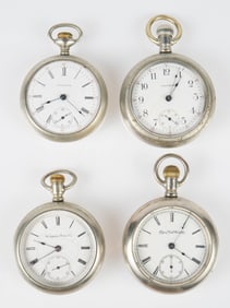 4 Open Face Pocket Watches - Waltham, Elgin, Etc.