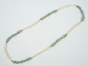 Jadeite & Pearl Necklace w/ 14K Gold Fittings.