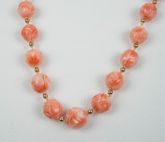 Carved Angel Skin Coral Necklace w/ 14K Gold.