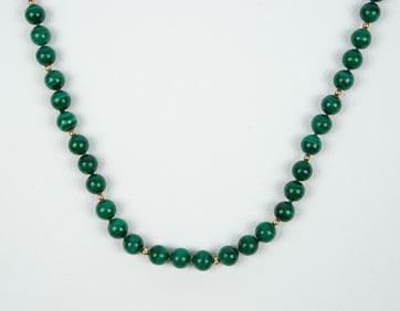 Long Malachite Necklace w/ 14K Gold Beads.