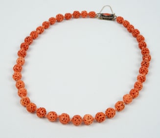 Antique Carved Coral Necklace w/ Silver Clasp.