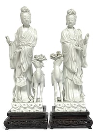 Pair of Qing Dynasty Blanc de Chine Magu & Deer.