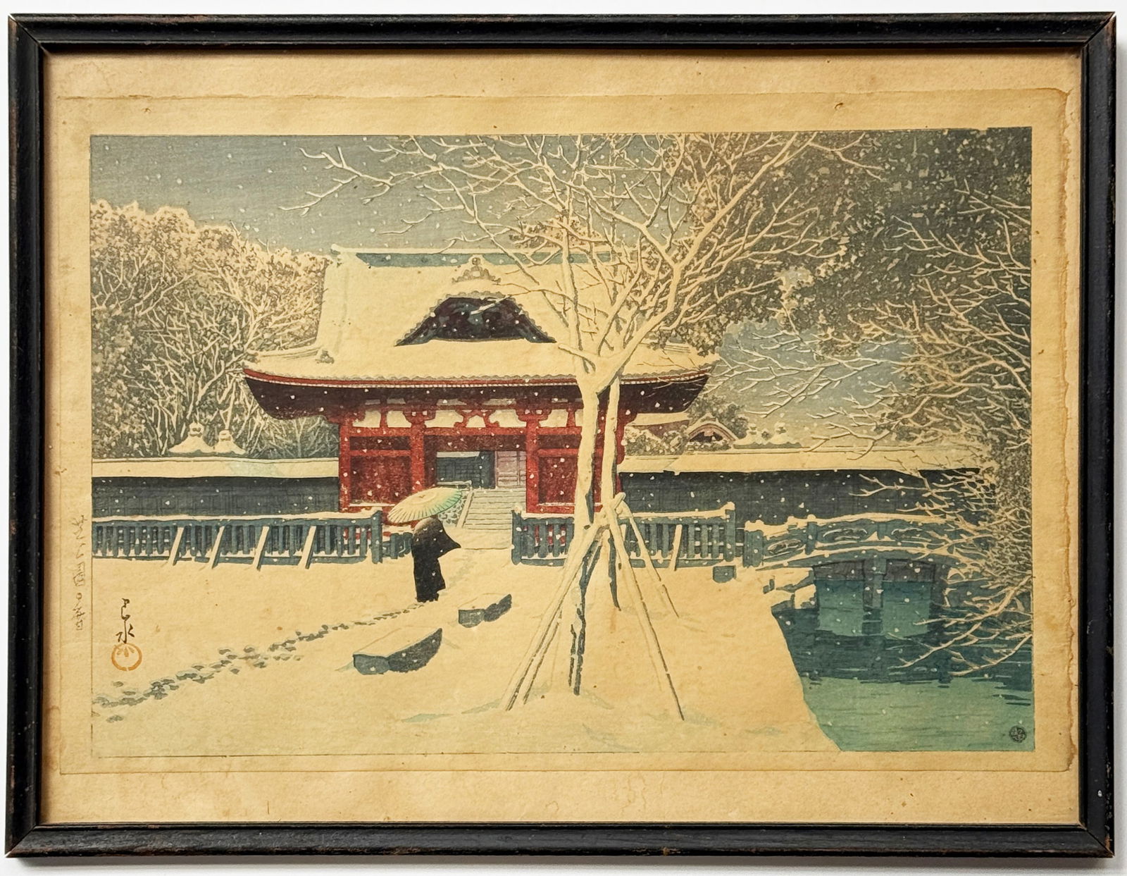 Vintage Kawase Hasui Japanese Woodblock Print.: Kawase Hasui (1883-1957). The title of the print is "Snow at Shiba Park, Tokyo". The print has a seal lower left, a circular symbol lower right, and some Japanese writing in the left hand margin. The