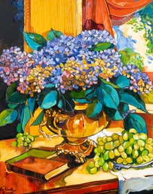 Large Still Life of Hydrangeas, Signed Plush.