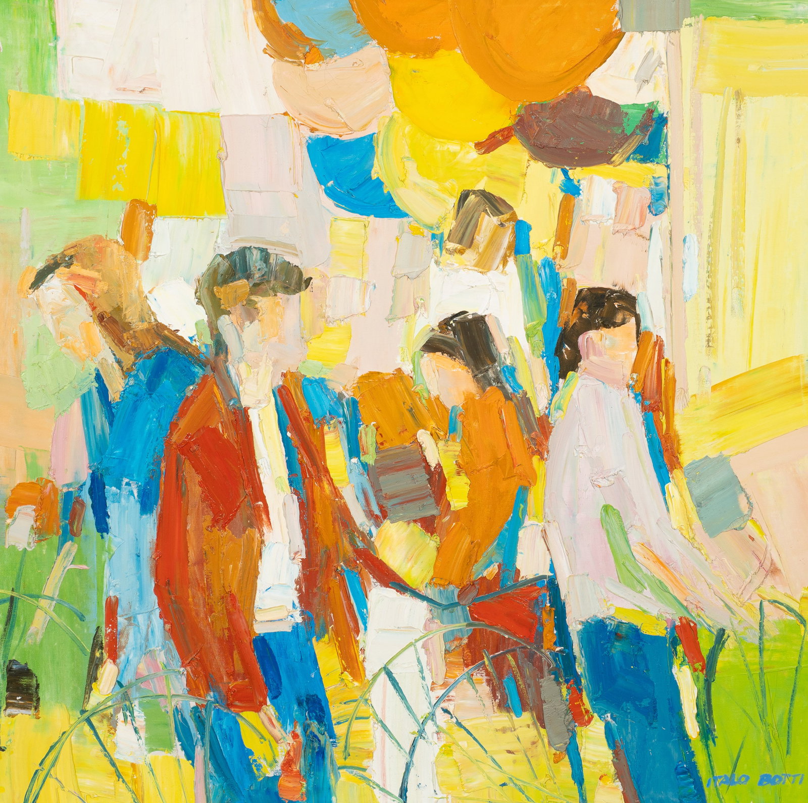 Bicycle Riders, Impasto Painting by Italo Botti.: Artist(s): Italo George Botti (American, 1923-2003). Medium: Oil on canvas. Signature(s): "Italo Botti", lower right. Paperwork: Comes with a certificate of authenticity from Merrill Chase Gallery. Co