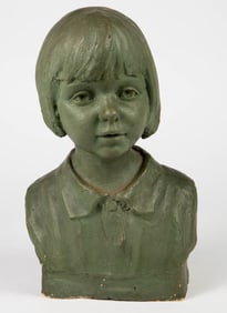 Plaster Bust of a Girl w/ Matte Green Finish.