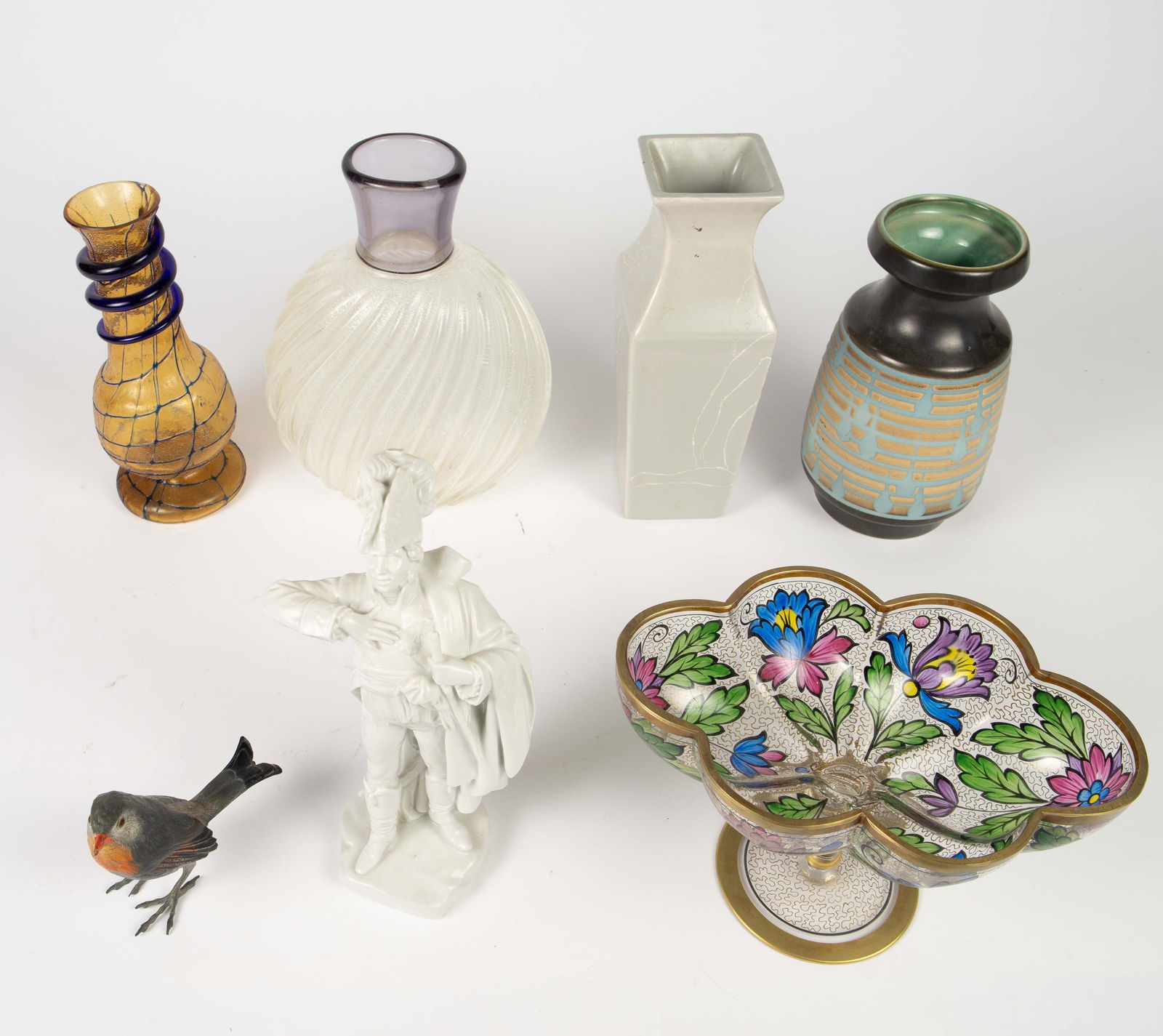 Lot of Art Glass, Pottery & More - Capodimonte.: The lot includes 7 items. There is a Napoleon sculpture with the Capodimonte mark on the underside, an etched ceramic vase signed Pascal, a vase with linear designs with an illegible maker's mark, a h