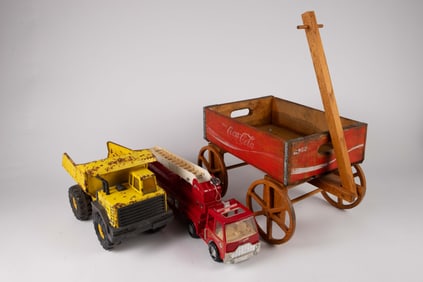 2 Vintage Toy Trucks & Coca Cola Wooden Wagon.