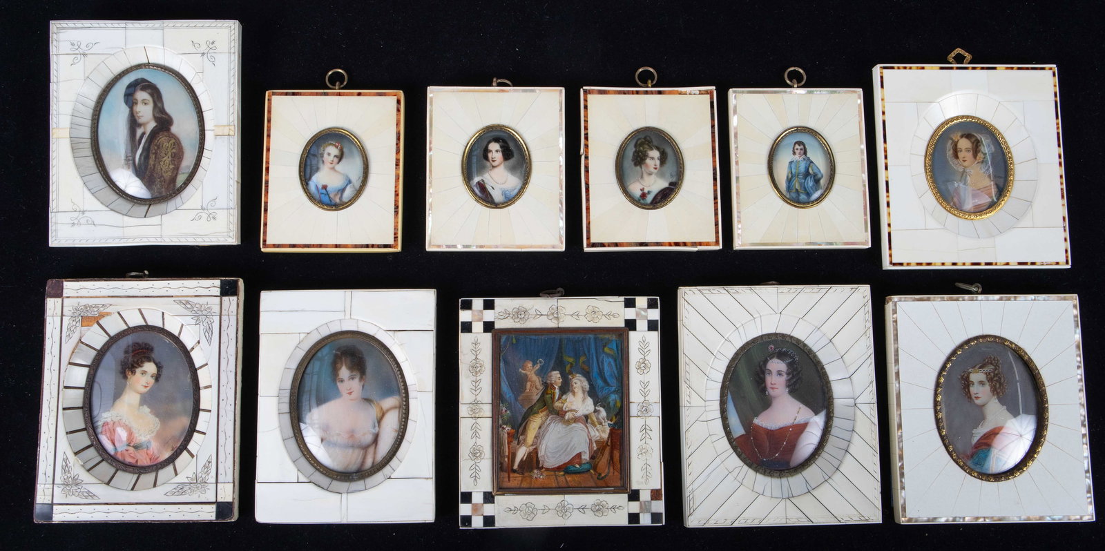 Lot of Miniature Paintings in Tessellated Frames.: The lot contains 10 old miniature portraits and 1 miniature painting. The frames feature tessellated designs, and some have mother of pearl, abalone, tortoise shell, or other inlay details. All of the