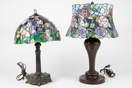 Two Leaded Stained Glass Floral Lamps.