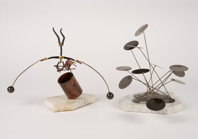 Lot of Brutalist Metal Sculptures on Marble Bases.