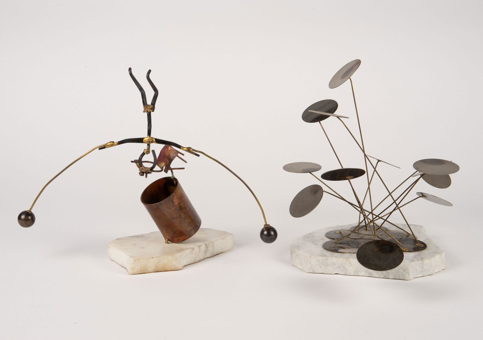 Lot of Brutalist Metal Sculptures on Marble Bases.: The lot includes 2 sculptures with a similar marble chunk base. The larger pieces, which features Curtis Jere style metal "raindrops", is etched D. Berger on the base. The smaller piece is signed Davi