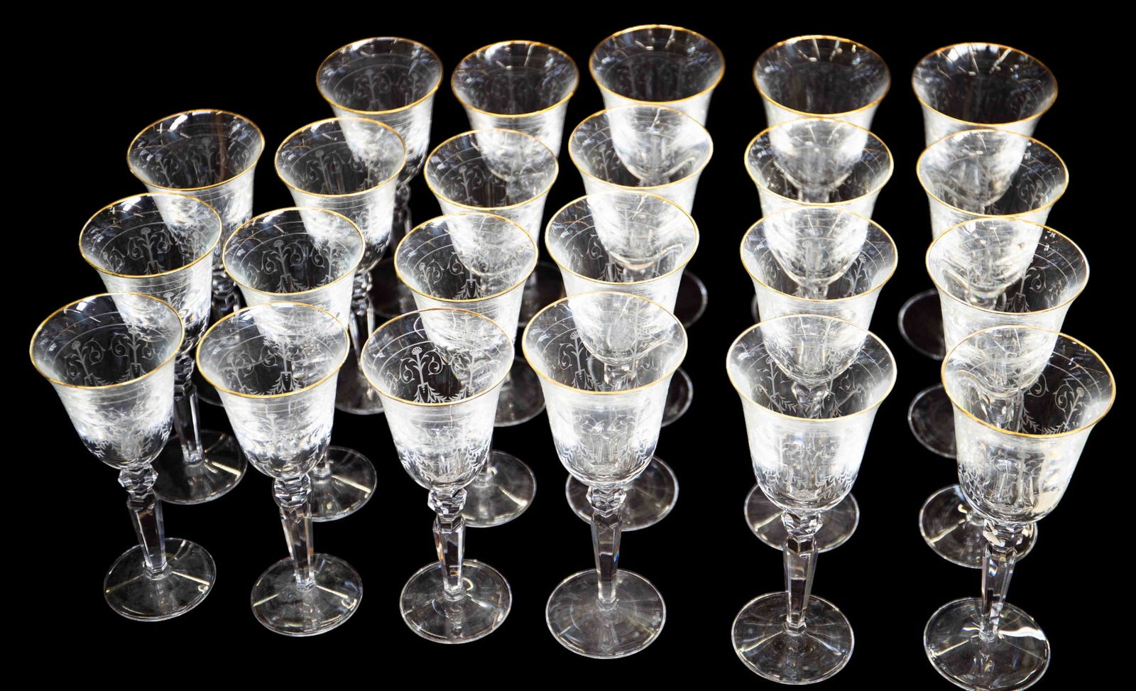 Set of 23 Waterford Crystal Charlemont Goblets.: They are etched glasses with gilded rims. The set includes eleven 8" goblets and twelve 8 1/2" goblets. Overall, the lot looks to be in good condition. In-house shipping is available. Please see our w