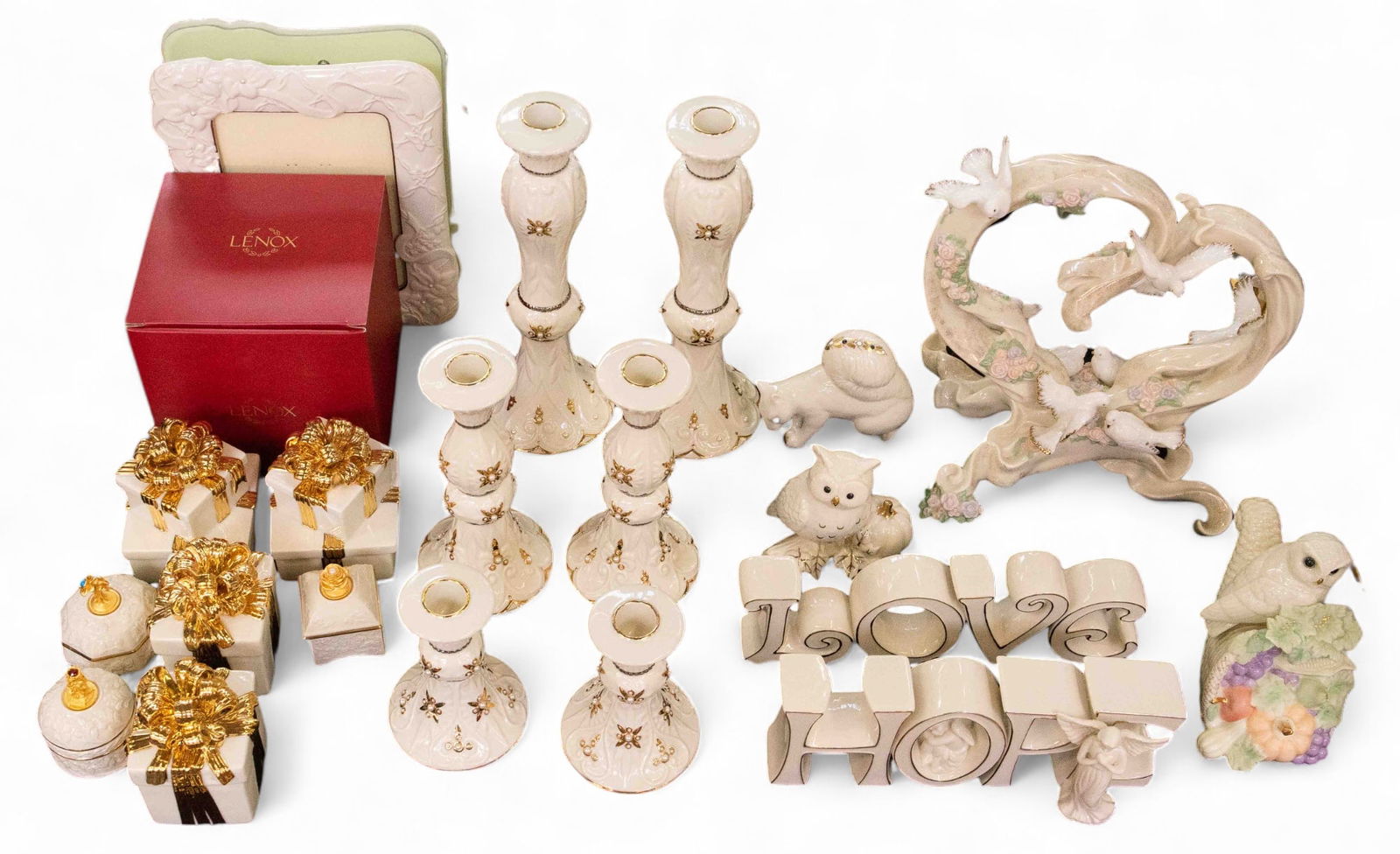 Lot of Lenox Trinket Boxes & Decorative Articles.: This lot includes assorted trinket boxes, candlesticks, "Love" and "Hope" porcelain letters, animal figures, and more. One of the owls is actually a music box, though it does not appear to be function