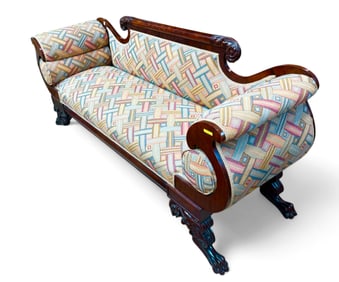 Carved and Flame Mahogany Empire Couch.