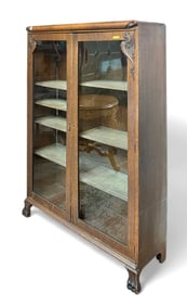 Antique Oak Display Cabinet w/ Griffon Carvings.
