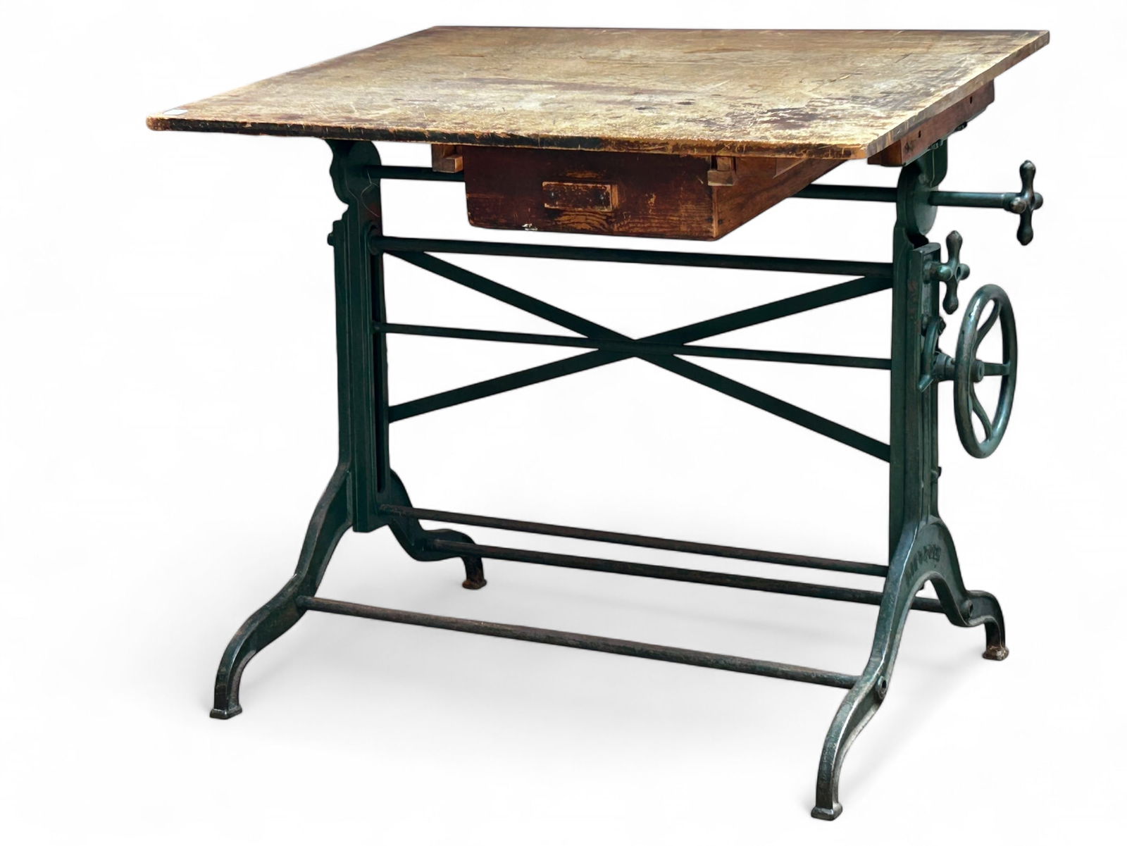 Vintage Dietzgen Drafting Table.: This high quality iron and wood drafting table is worn, but in good condition. The movements seem to work properly. It has one drawer. The table measures 42" wide and 31" deep. It currently sits 37" t