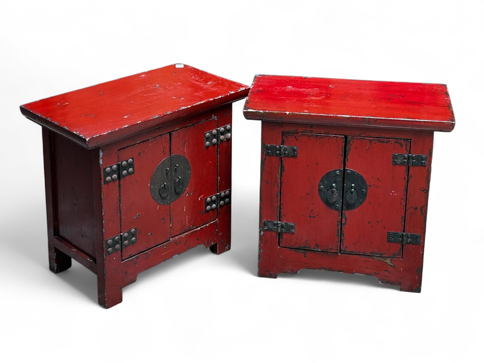 Two Red Painted Asian Cabinets.: These cabinets could function as nightstands or side tables. They are slightly different sizes. The interiors are painted black. Each cabinet has a single removable shelf. One of the shelves has some 